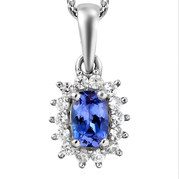 Tanzanite Natural White Zircon Halo Pendant Platinum over .925 Silver - Picture 3 of 16